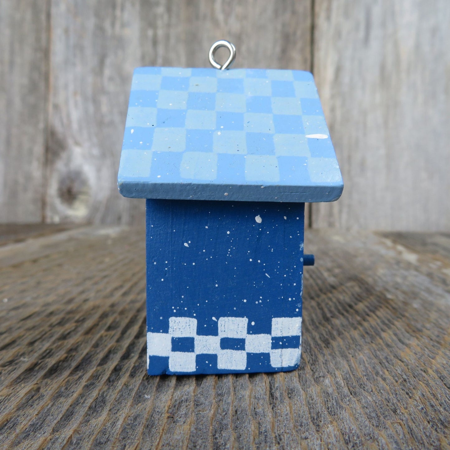 Vintage Blue Painted Birdhouse Wood Ornament Snowman Checkered Bird Rustic Christmas Country