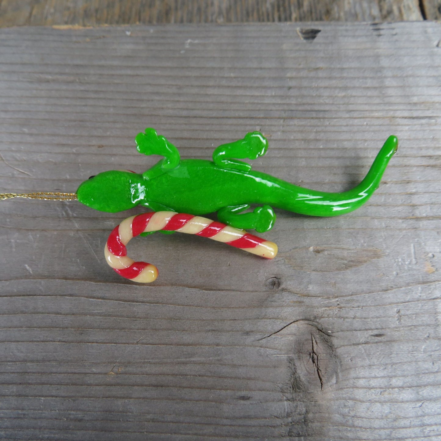 Vintage Lizard Ornament Gecko with Candy Cane and Santa Hat Clay Sculpted Christmas Ornament