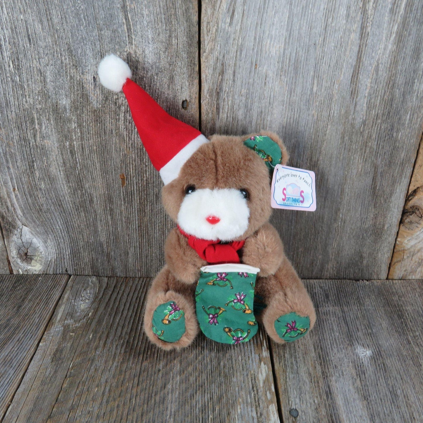 Vintage Teddy Bear Plush Red Santa Hat Scarf Green Fabric Paws and Ears Stocking Stuffed Animal