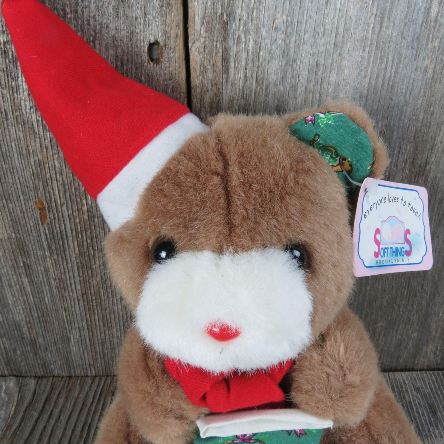 Vintage Teddy Bear Plush Red Santa Hat Scarf Green Fabric Paws and Ears Stocking Stuffed Animal