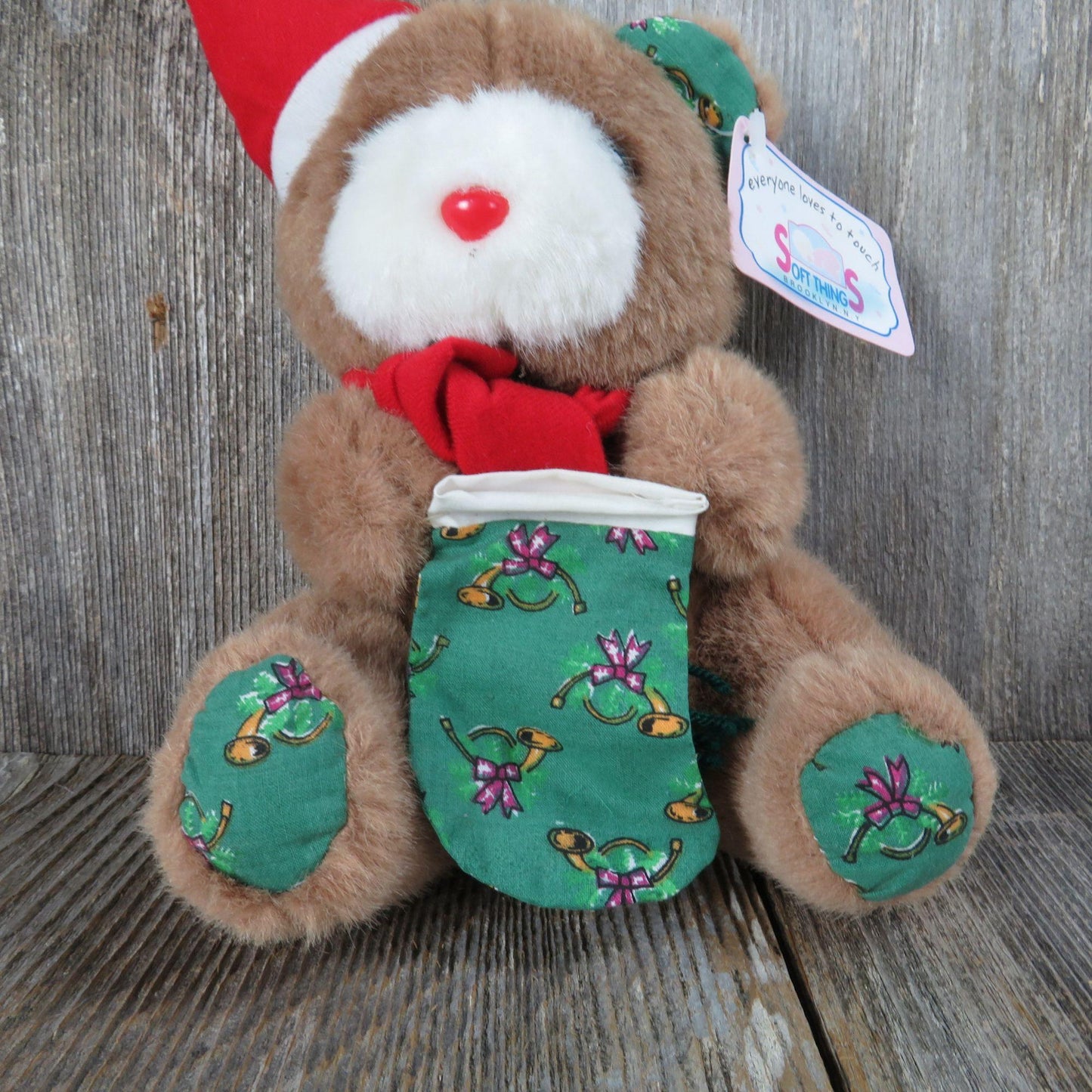 Vintage Teddy Bear Plush Red Santa Hat Scarf Green Fabric Paws and Ears Stocking Stuffed Animal