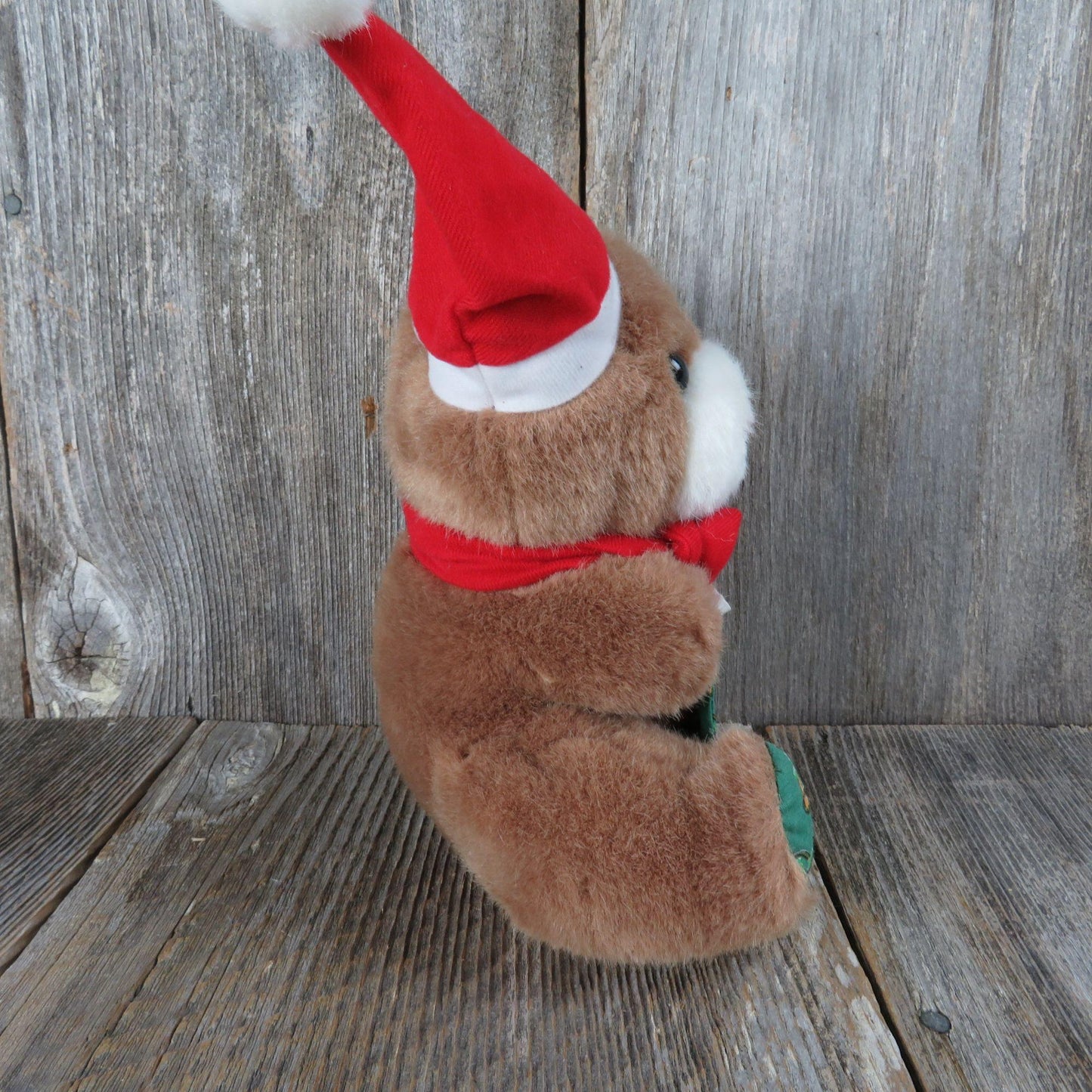 Vintage Teddy Bear Plush Red Santa Hat Scarf Green Fabric Paws and Ears Stocking Stuffed Animal