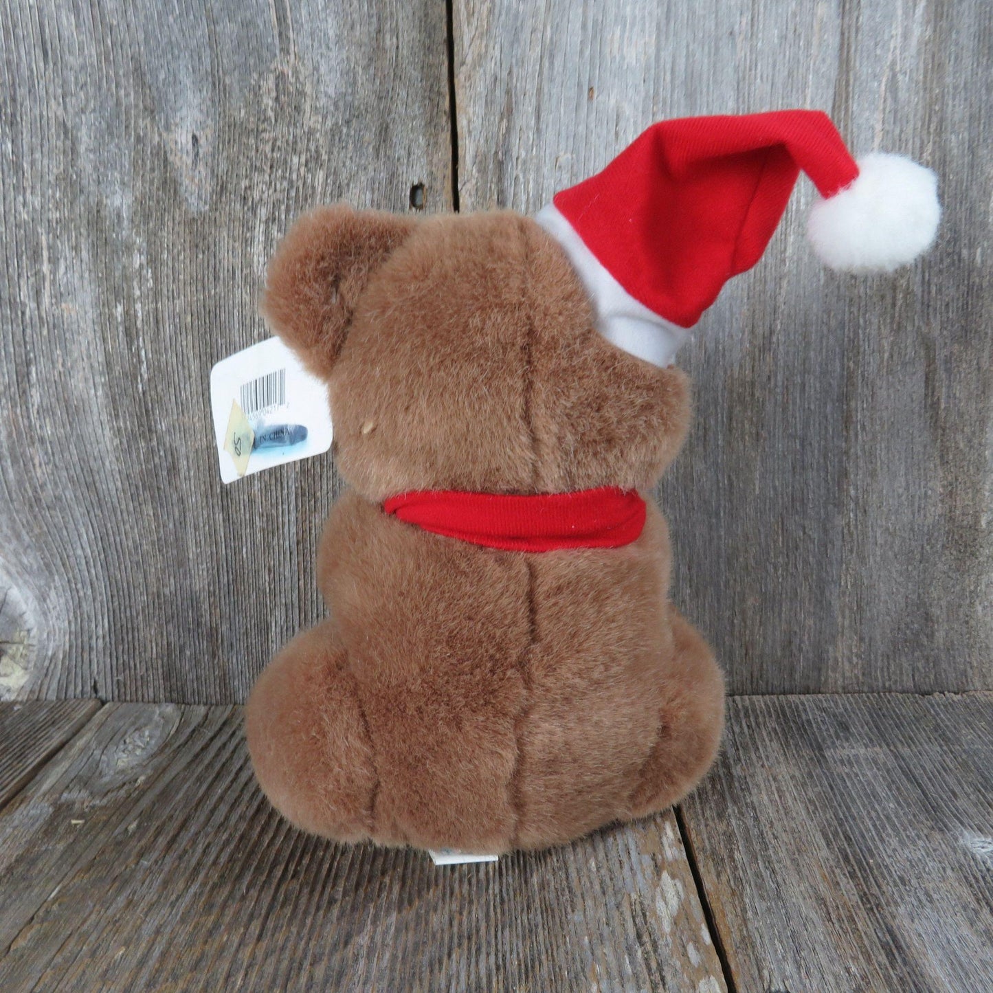 Vintage Teddy Bear Plush Red Santa Hat Scarf Green Fabric Paws and Ears Stocking Stuffed Animal