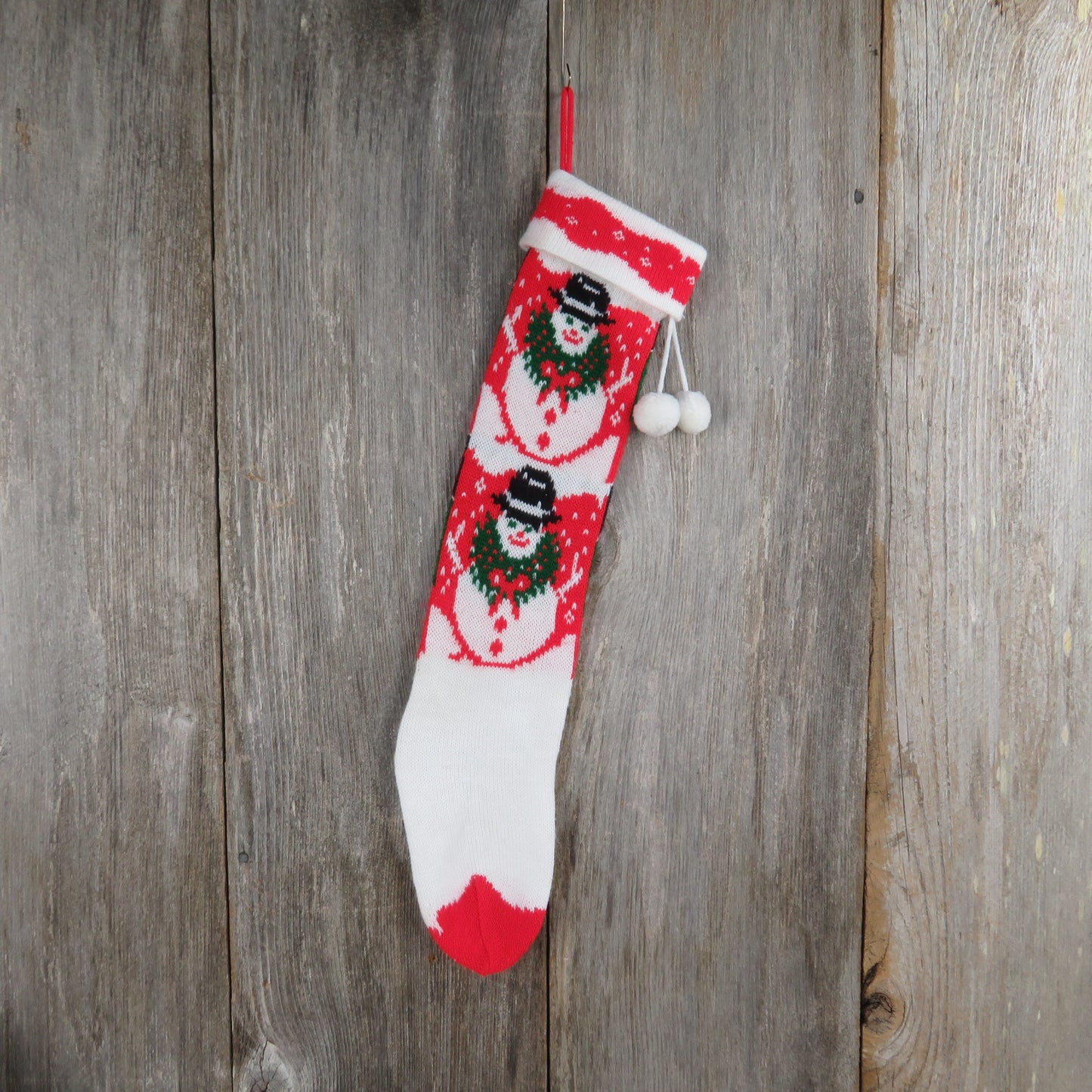 Vintage Knit Snowman Stocking Christmas Wreath Snow Green Red White Pom Pom