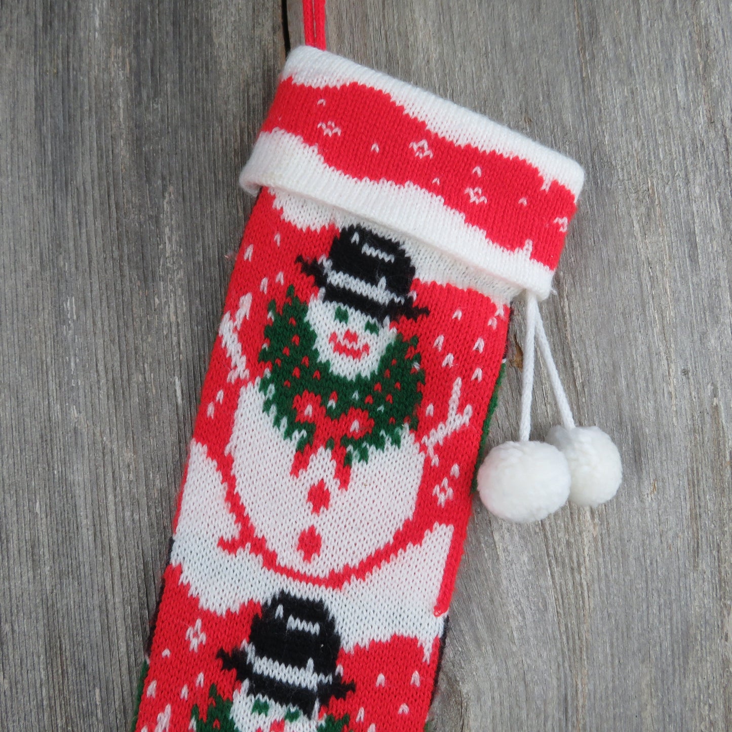 Vintage Knit Snowman Stocking Christmas Wreath Snow Green Red White Pom Pom