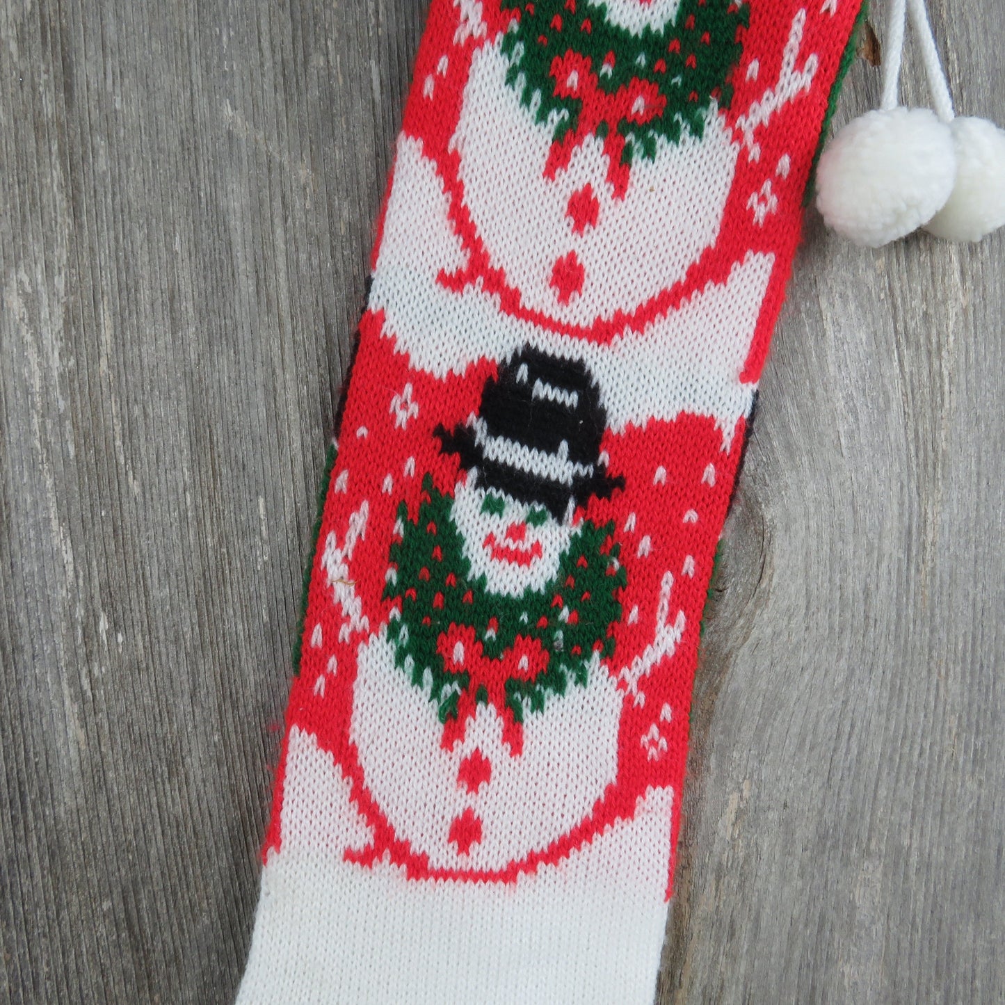 Vintage Knit Snowman Stocking Christmas Wreath Snow Green Red White Pom Pom