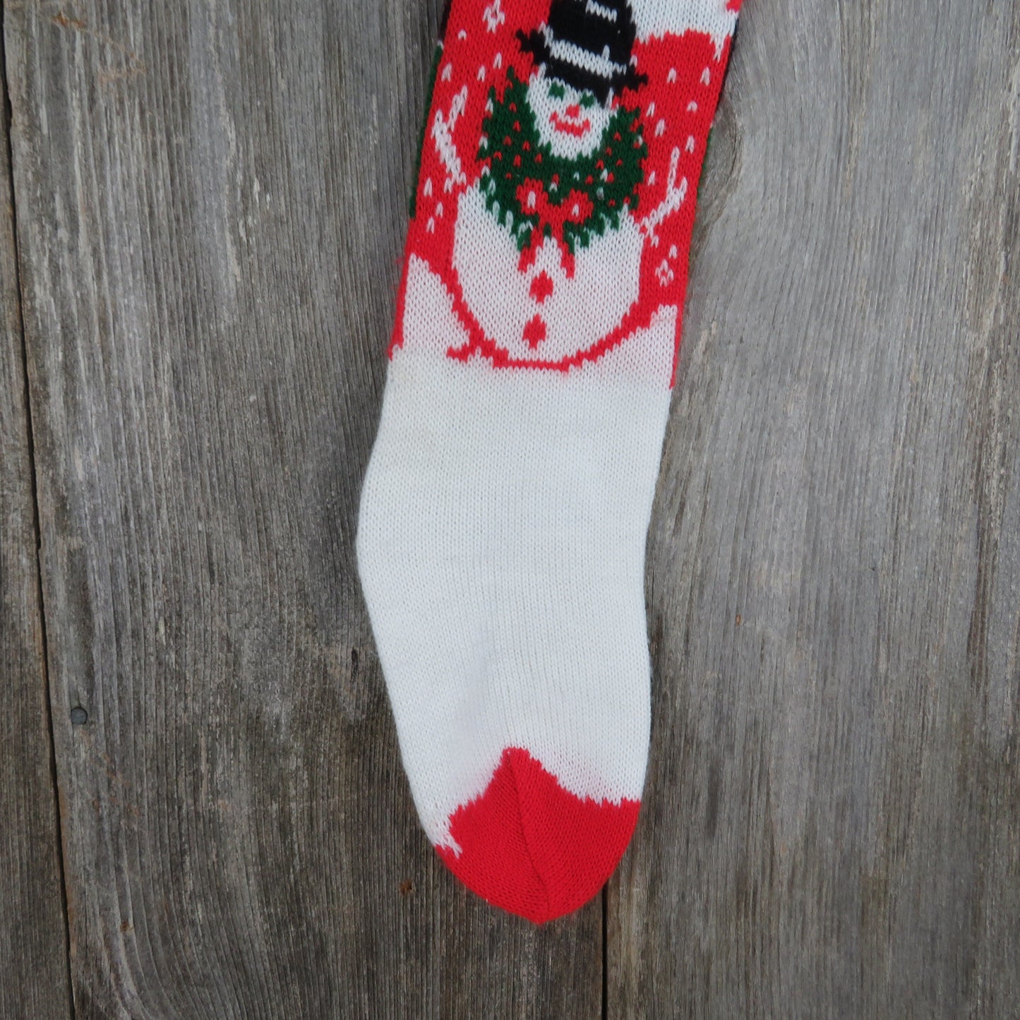 Vintage Knit Snowman Stocking Christmas Wreath Snow Green Red White Pom Pom