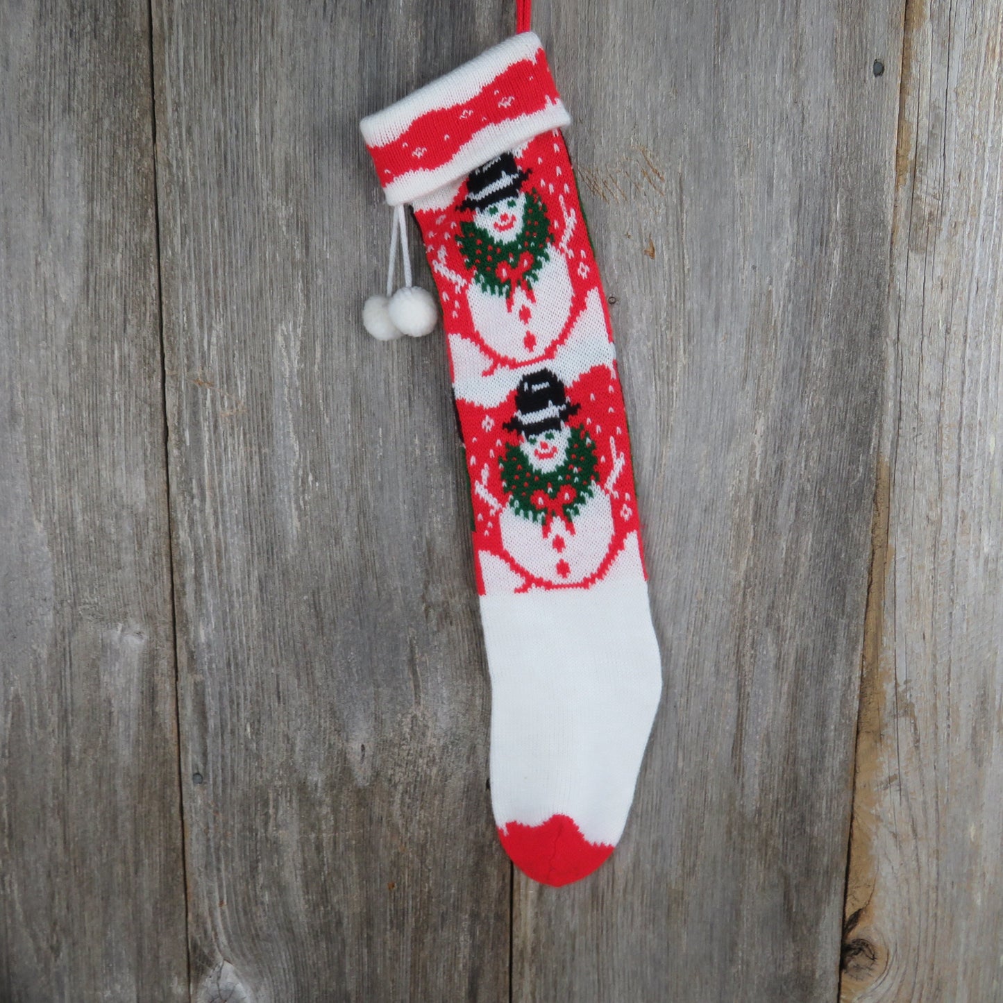 Vintage Knit Snowman Stocking Christmas Wreath Snow Green Red White Pom Pom