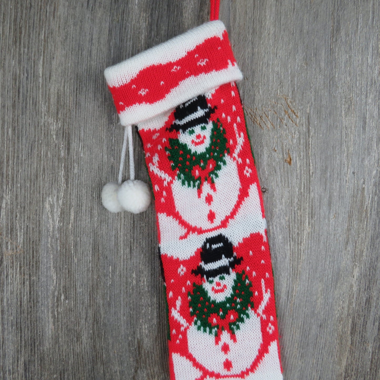 Vintage Knit Snowman Stocking Christmas Wreath Snow Green Red White Pom Pom