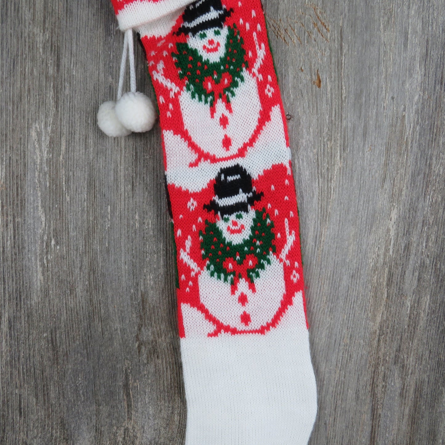 Vintage Knit Snowman Stocking Christmas Wreath Snow Green Red White Pom Pom