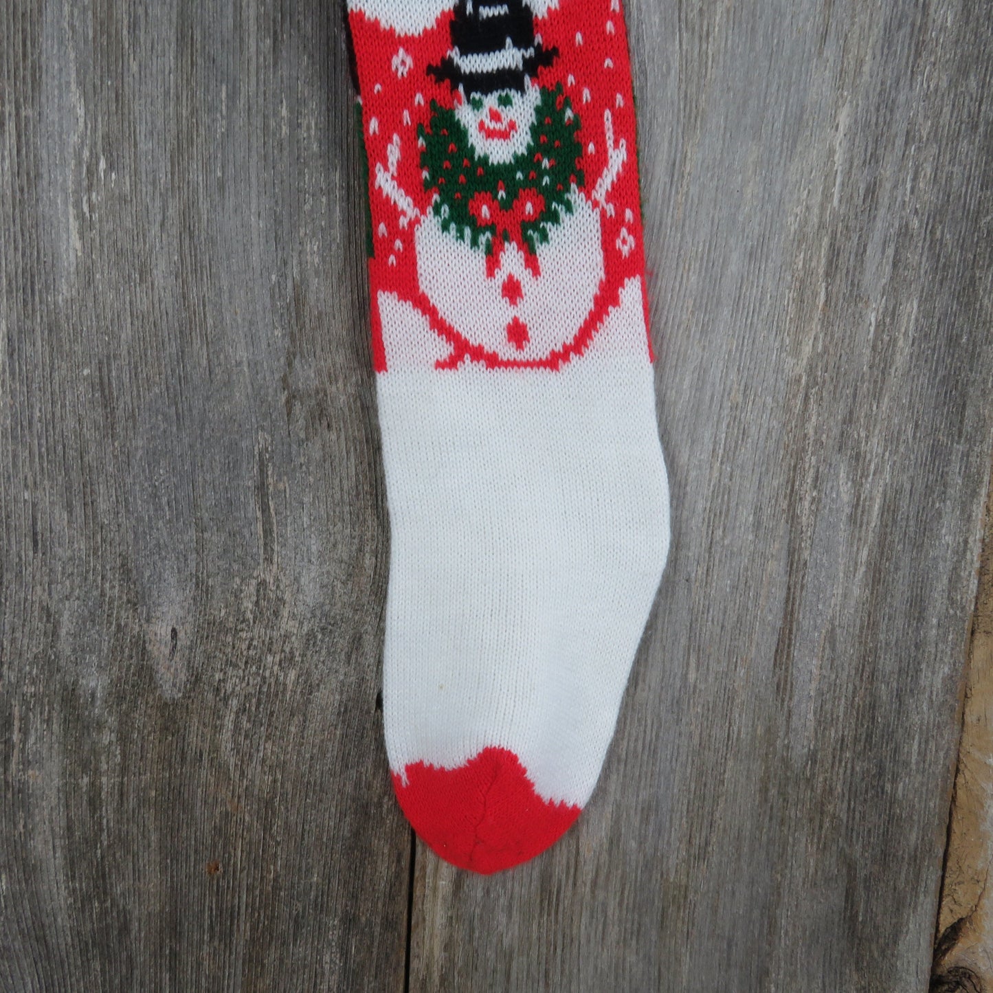 Vintage Knit Snowman Stocking Christmas Wreath Snow Green Red White Pom Pom