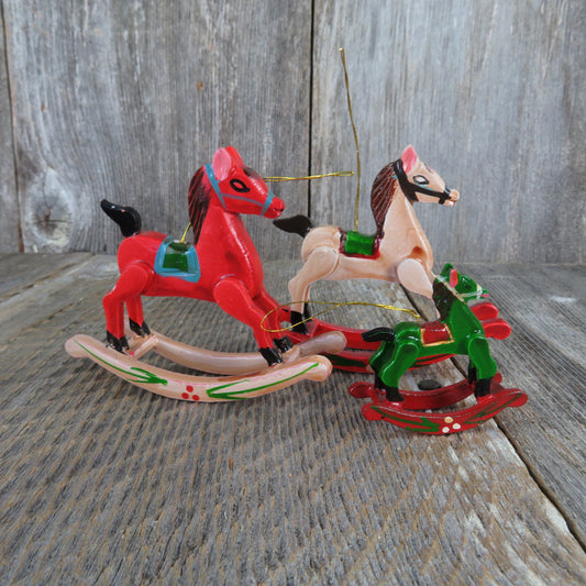 Vintage Wooden Rocking Horse Pony Ornament Set Wood Carved Painted Red Green Lot