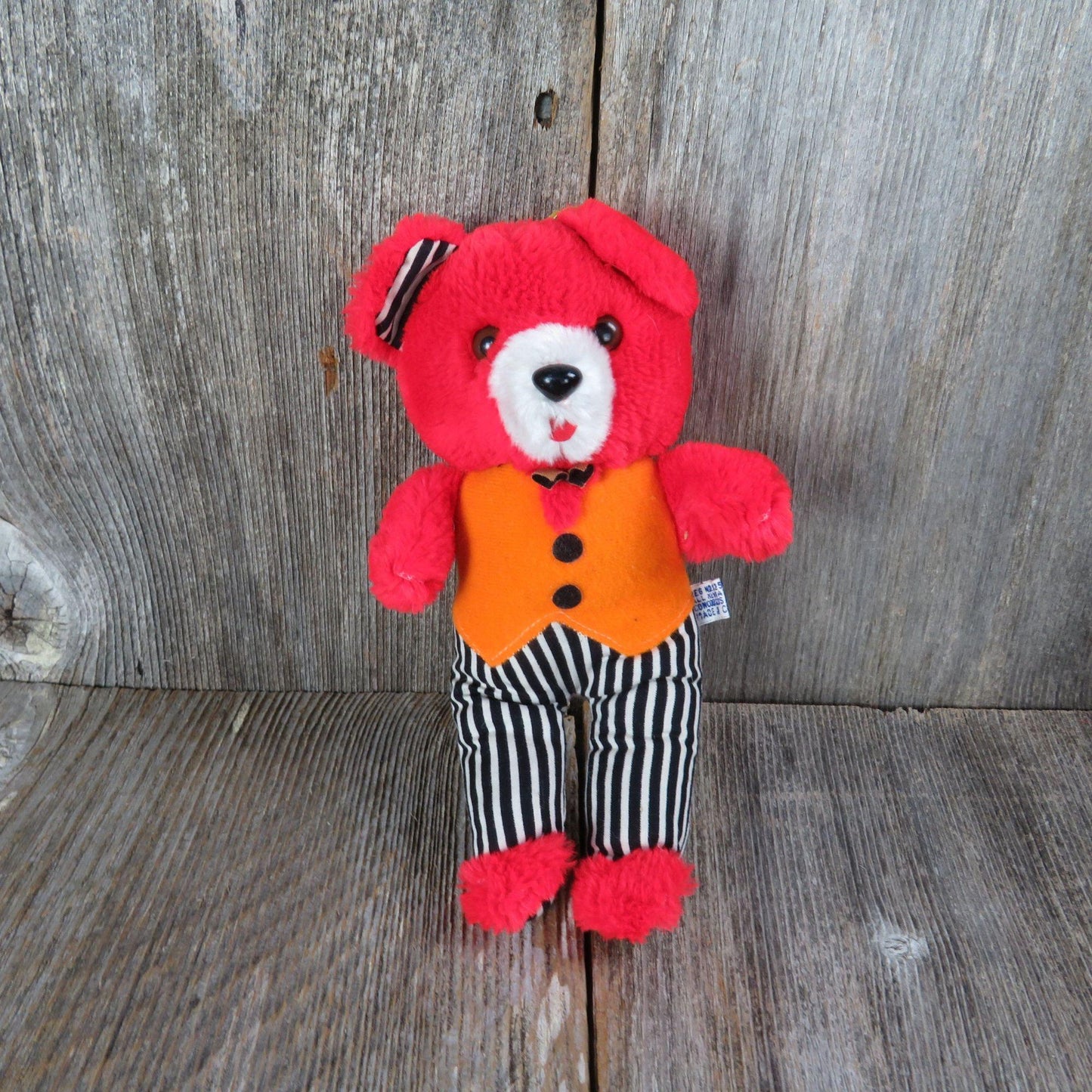 Vintage Red Teddy Bear Plush Orange Vest Striped Pants Striped Ears Bow Tie Fair Prize