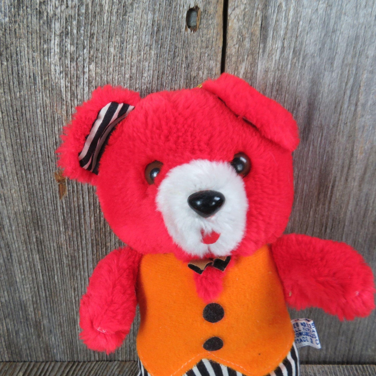 Vintage Red Teddy Bear Plush Orange Vest Striped Pants Striped Ears Bow Tie Fair Prize