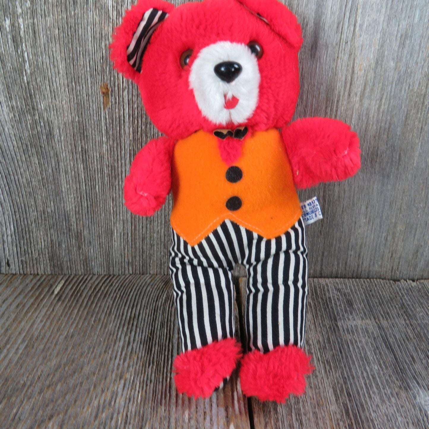 Vintage Red Teddy Bear Plush Orange Vest Striped Pants Striped Ears Bow Tie Fair Prize