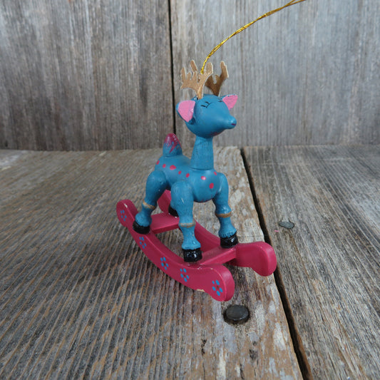 Vintage Wooden Rocking Reindeer Ornament Blue Pink Wood Christmas Cardboard Antlers Maroon