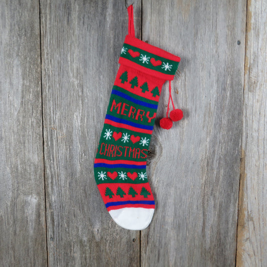 Vintage Merry Christmas Knit Stocking Christmas Trees Hearts Knitted Blue Green Red Pom Pom Taiwan