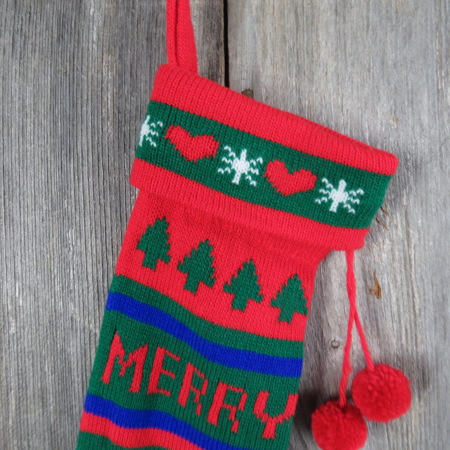 Vintage Merry Christmas Knit Stocking Christmas Trees Hearts Knitted Blue Green Red Pom Pom Taiwan