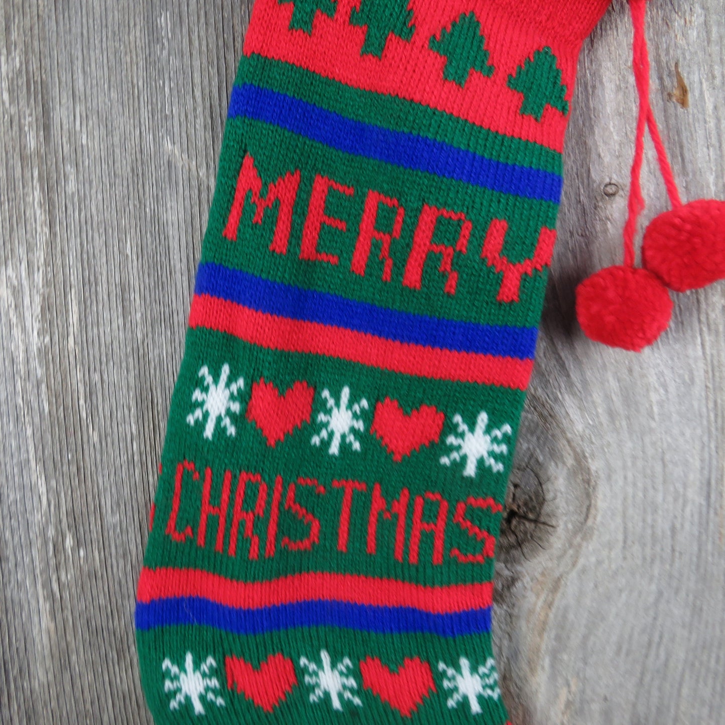 Vintage Merry Christmas Knit Stocking Christmas Trees Hearts Knitted Blue Green Red Pom Pom Taiwan