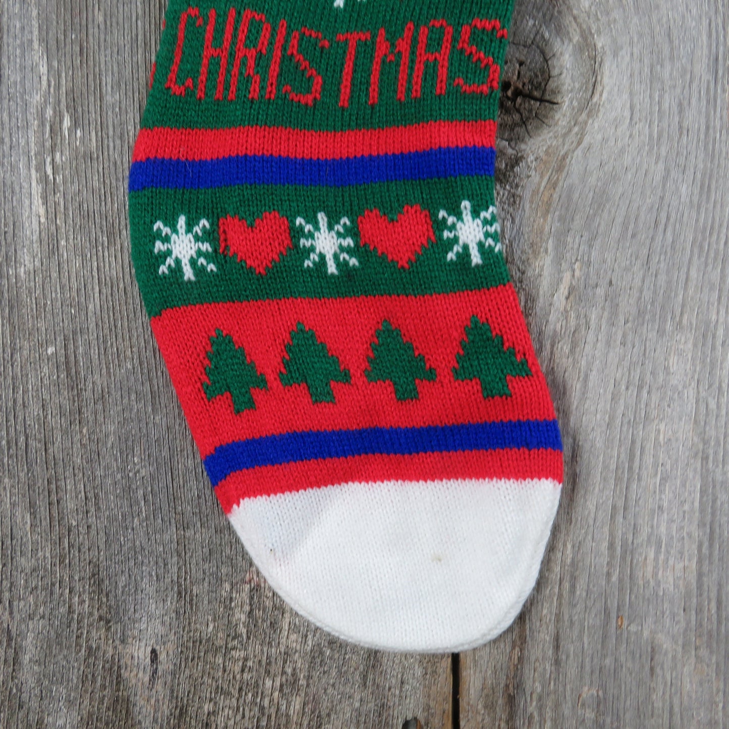 Vintage Merry Christmas Knit Stocking Christmas Trees Hearts Knitted Blue Green Red Pom Pom Taiwan