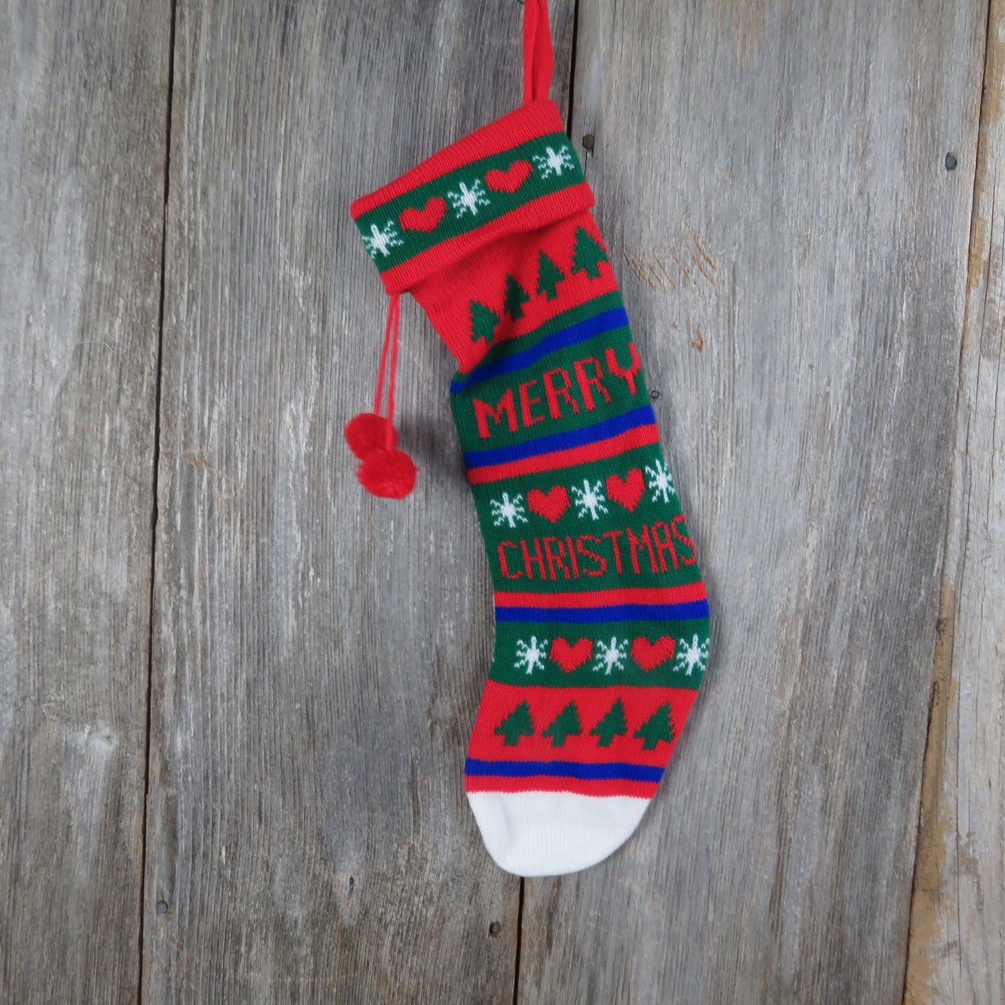 Vintage Merry Christmas Knit Stocking Christmas Trees Hearts Knitted Blue Green Red Pom Pom Taiwan