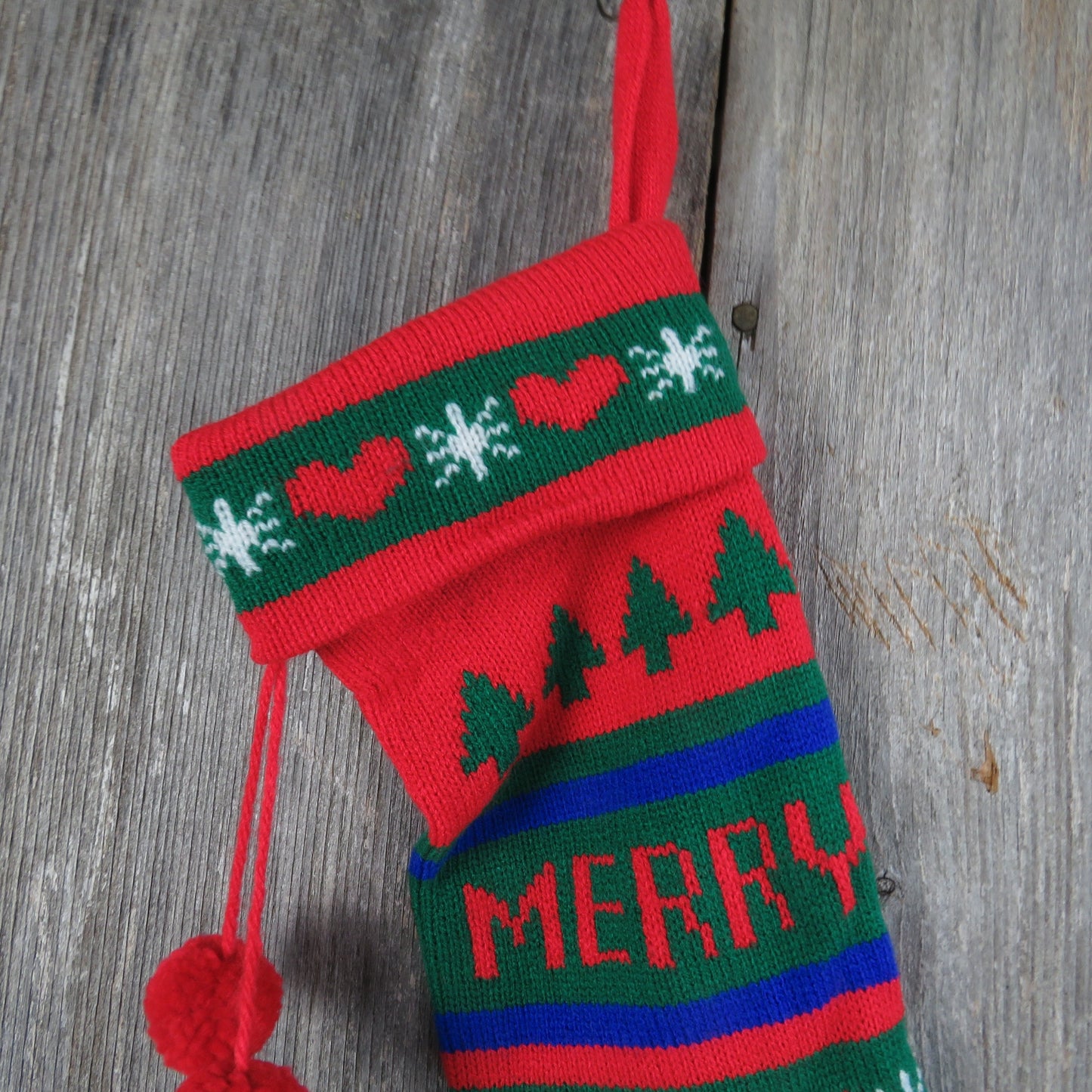 Vintage Merry Christmas Knit Stocking Christmas Trees Hearts Knitted Blue Green Red Pom Pom Taiwan