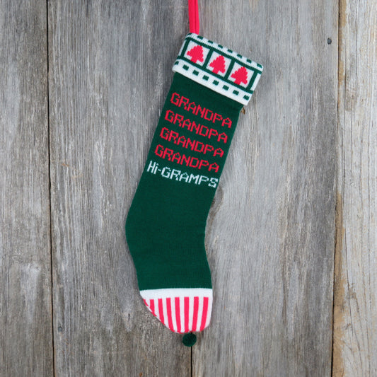 Vintage Knit Hi Gramps Grandpa Christmas Stocking Kurt Adler Red Green White Stripes Hearts Knitted 1980s