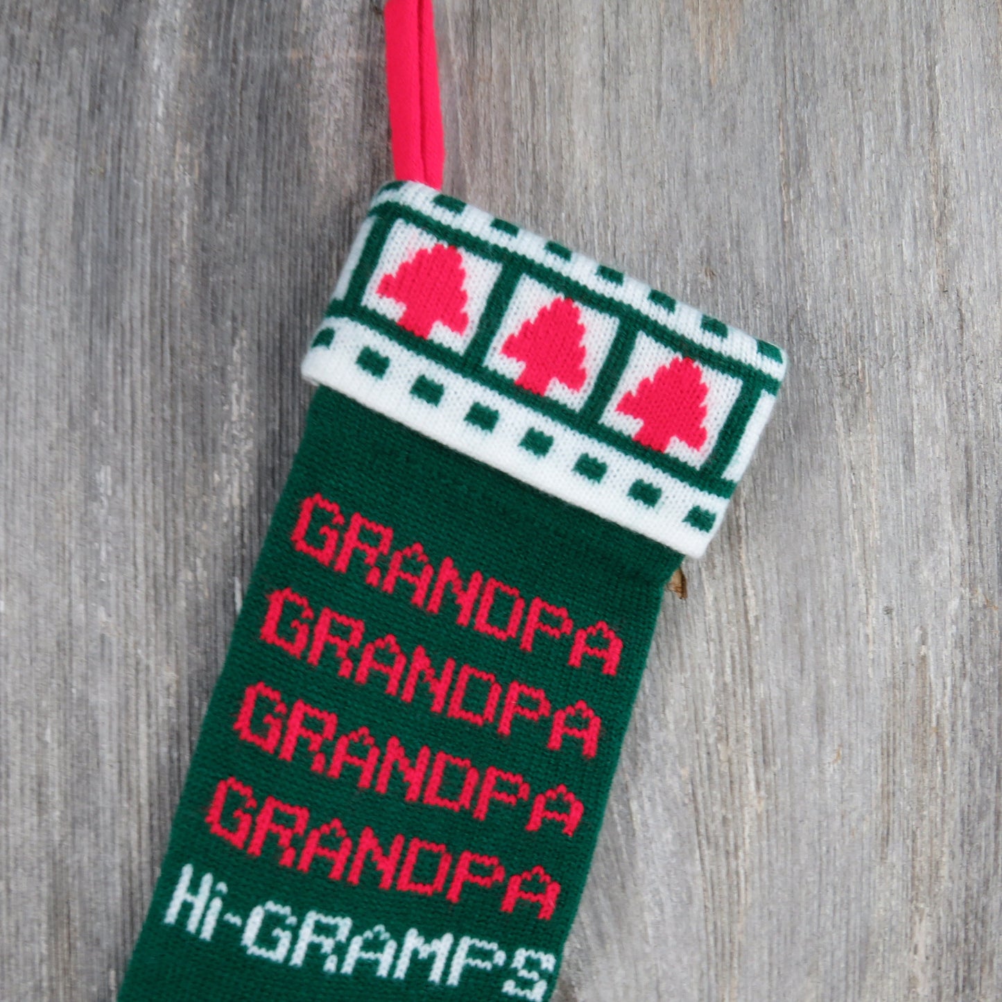 Vintage Knit Hi Gramps Grandpa Christmas Stocking Kurt Adler Red Green White Stripes Hearts Knitted 1980s