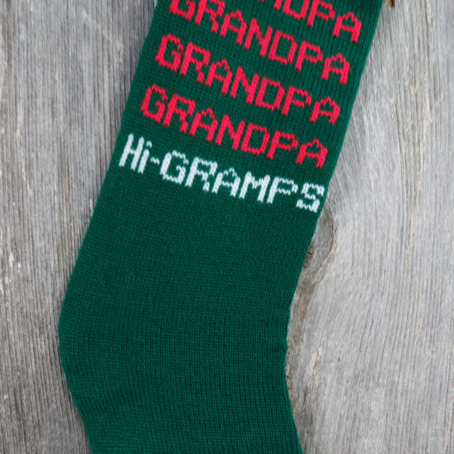 Vintage Knit Hi Gramps Grandpa Christmas Stocking Kurt Adler Red Green White Stripes Hearts Knitted 1980s