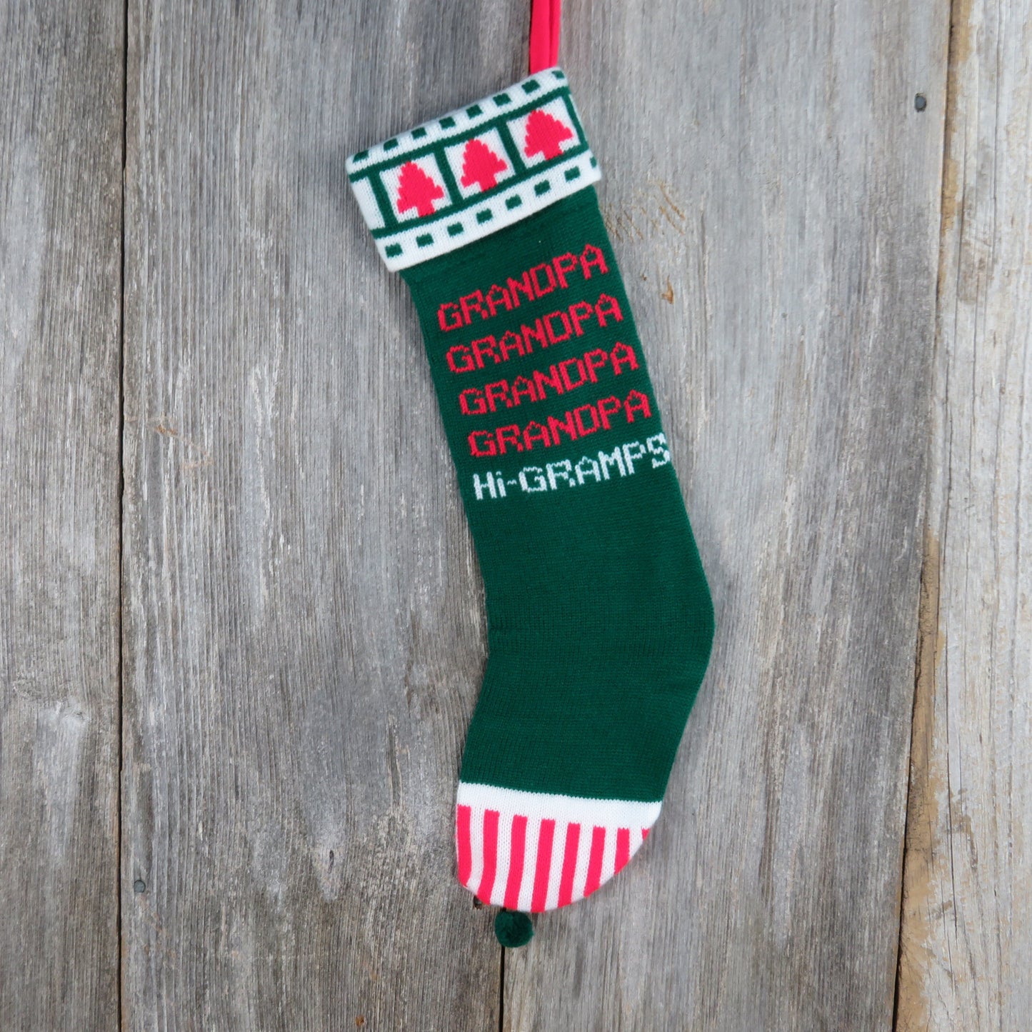 Vintage Knit Hi Gramps Grandpa Christmas Stocking Kurt Adler Red Green White Stripes Hearts Knitted 1980s