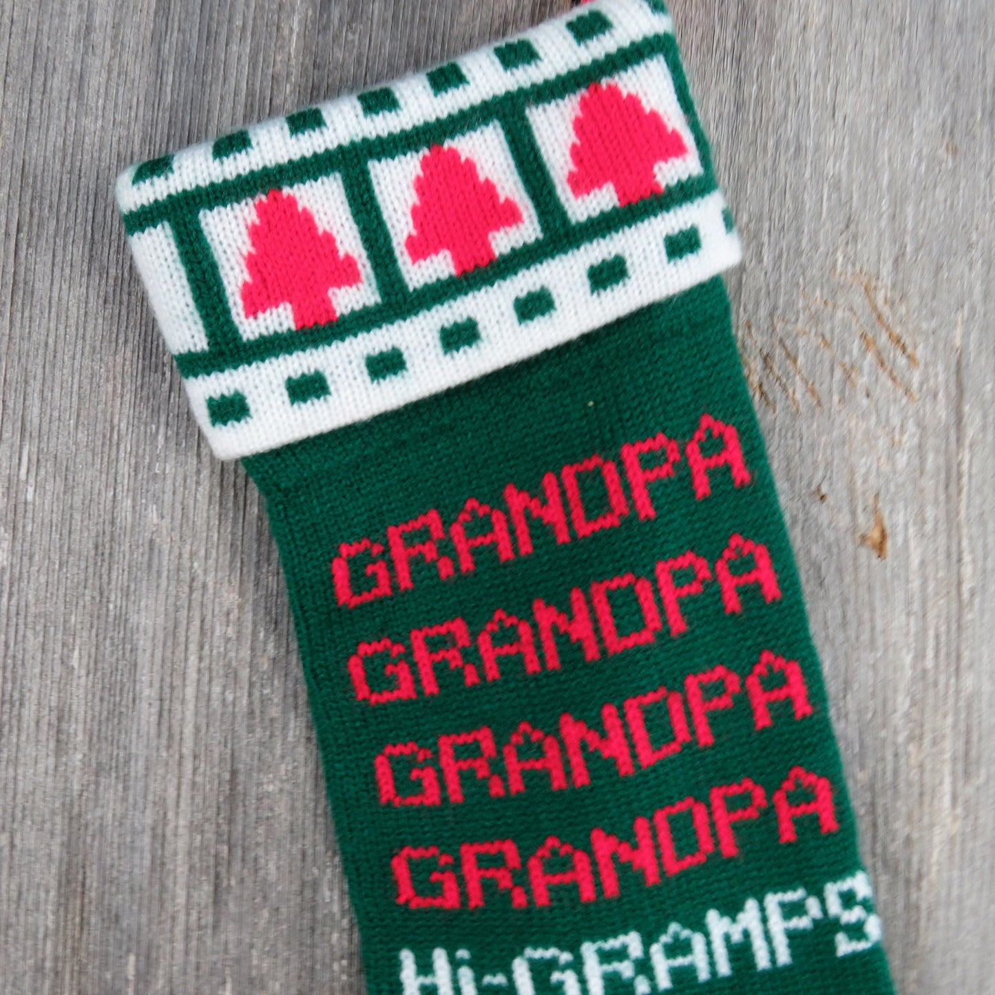 Vintage Knit Hi Gramps Grandpa Christmas Stocking Kurt Adler Red Green White Stripes Hearts Knitted 1980s