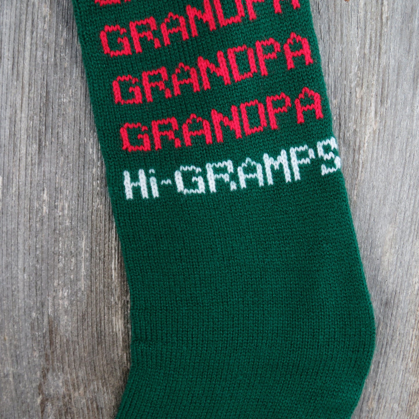 Vintage Knit Hi Gramps Grandpa Christmas Stocking Kurt Adler Red Green White Stripes Hearts Knitted 1980s