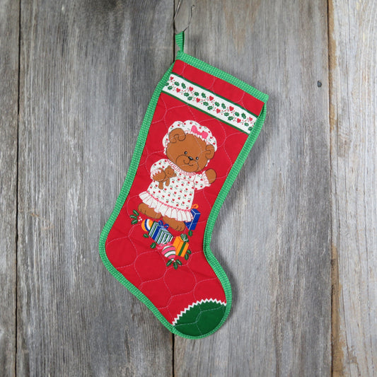 Vintage Teddy Bear Girl Christmas Stocking Quilted Handmade Fabric Red Green Cloth