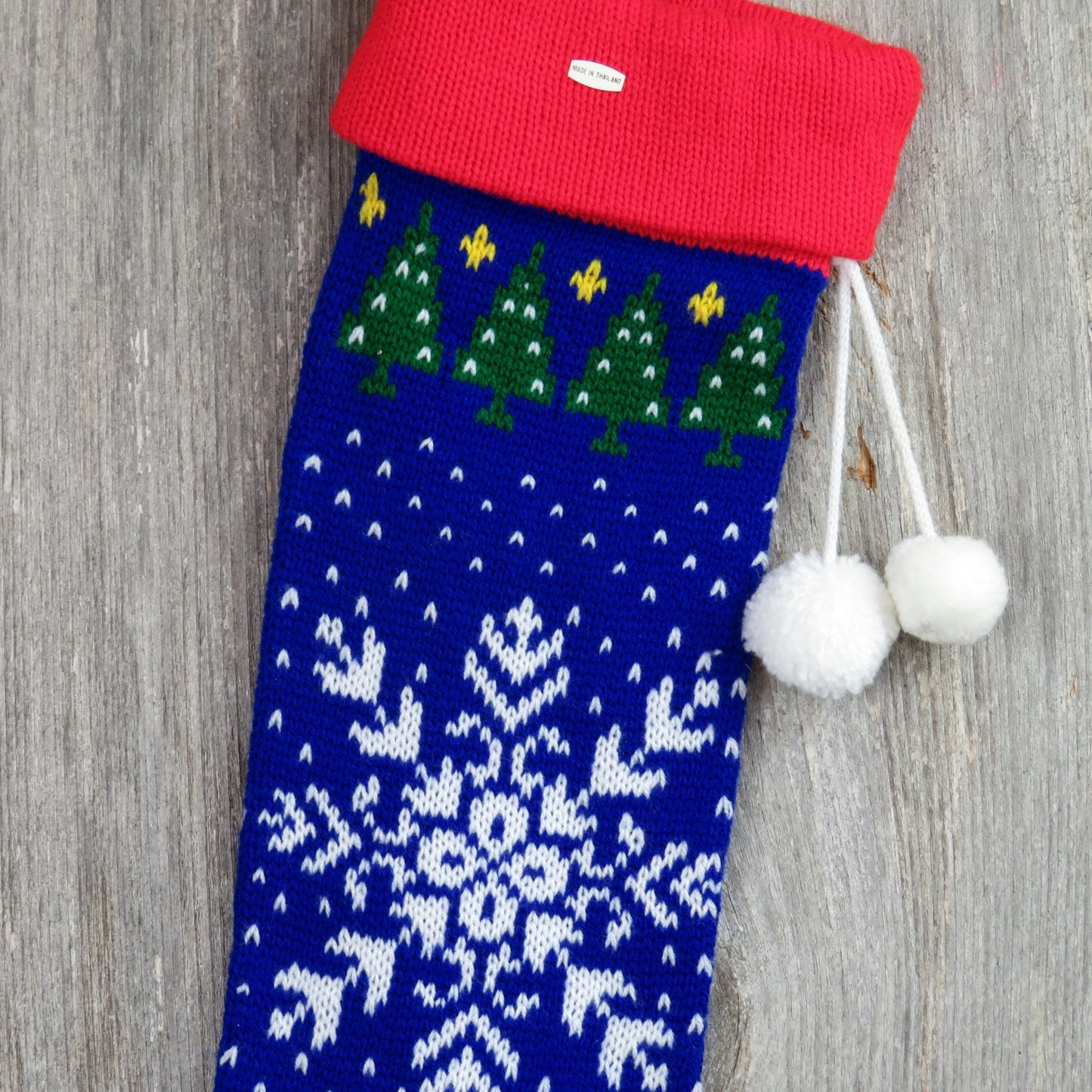 Vintage Noel Snowflake Knit Stocking Christmas Trees Blue Red Green Pom Pom