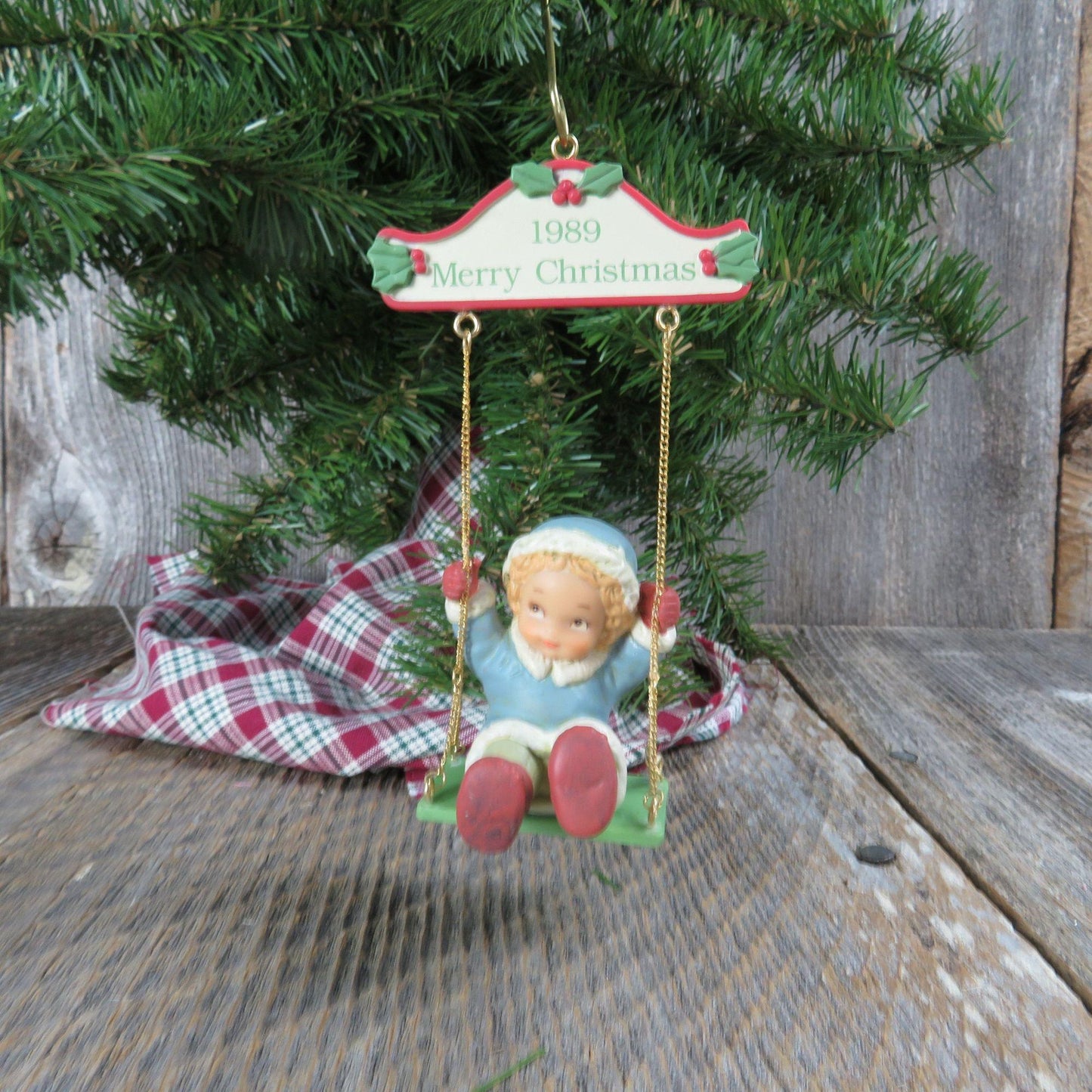 Vintage Boy in Blue Swinging Ornament I'se Swingin Winter Memories of Yesterday by Enesco 1989