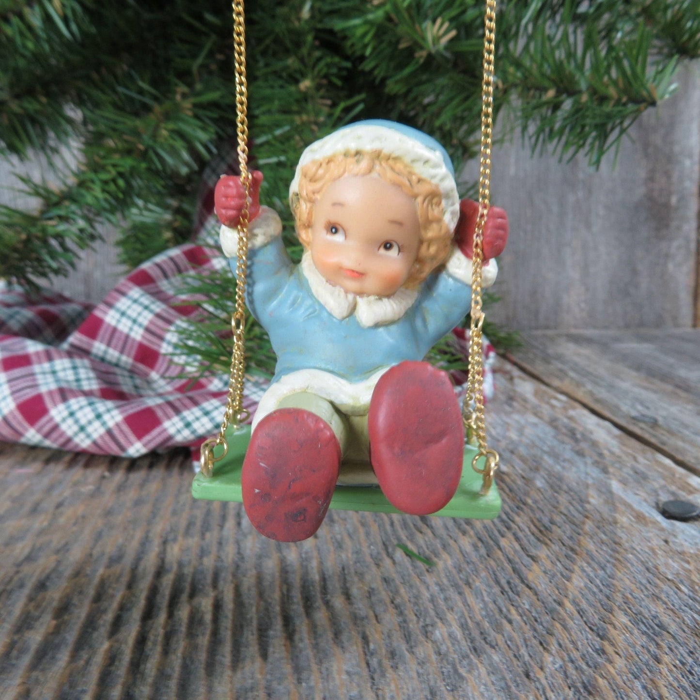 Vintage Boy in Blue Swinging Ornament I'se Swingin Winter Memories of Yesterday by Enesco 1989