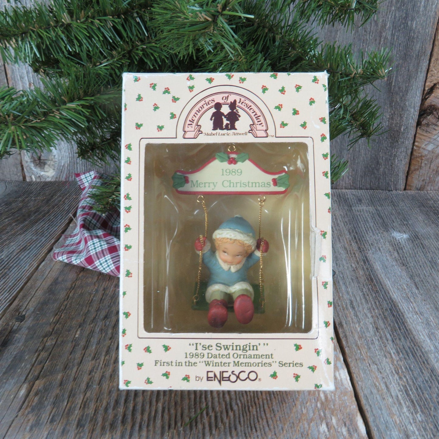 Vintage Boy in Blue Swinging Ornament I'se Swingin Winter Memories of Yesterday by Enesco 1989