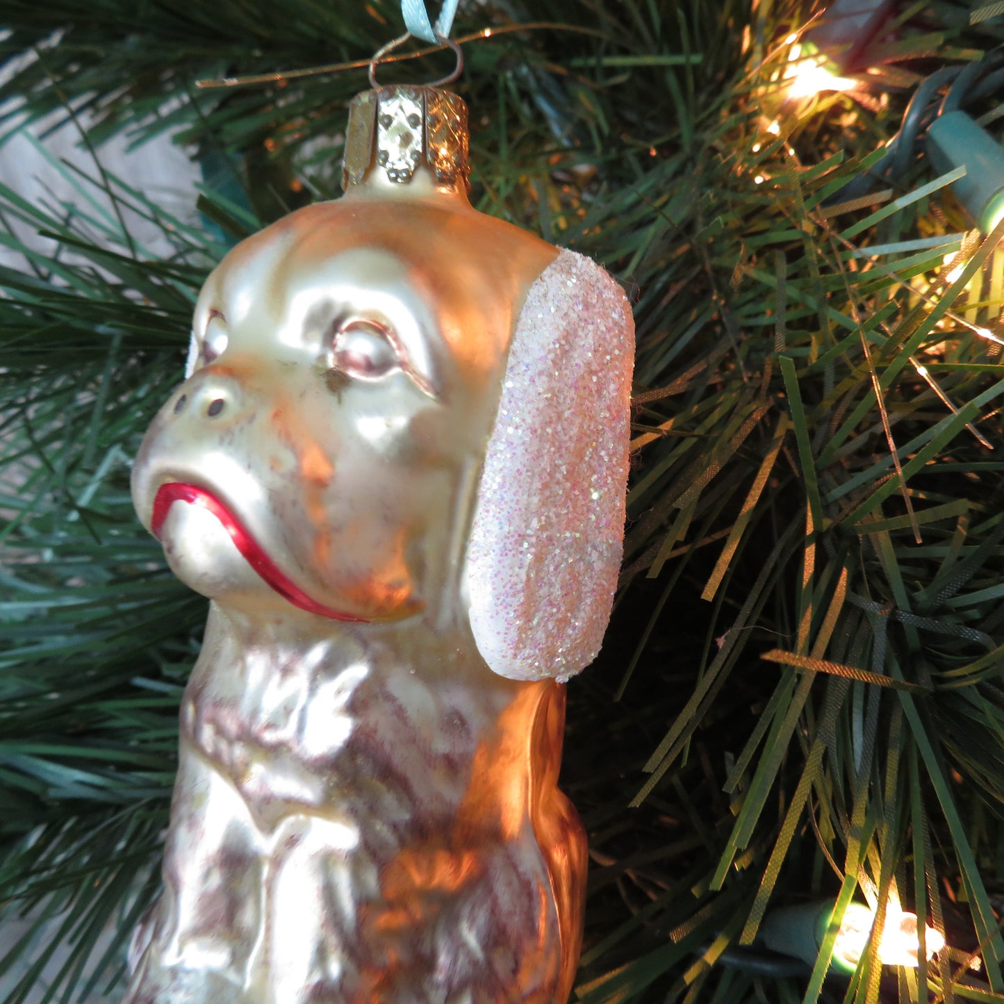 Vintage Gold Dog Glittered Ears Glass Painted Ornament Christborn Germany Sad Face
