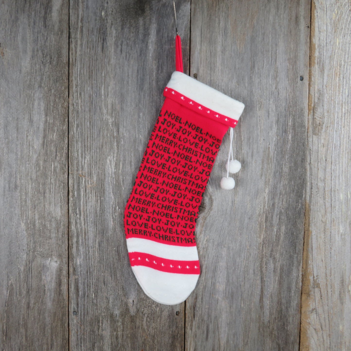 Vintage Knit Stocking Striped Words Merry Christmas Joy Noel Love Kurt Adler 1984 Red Green White Pom Pom