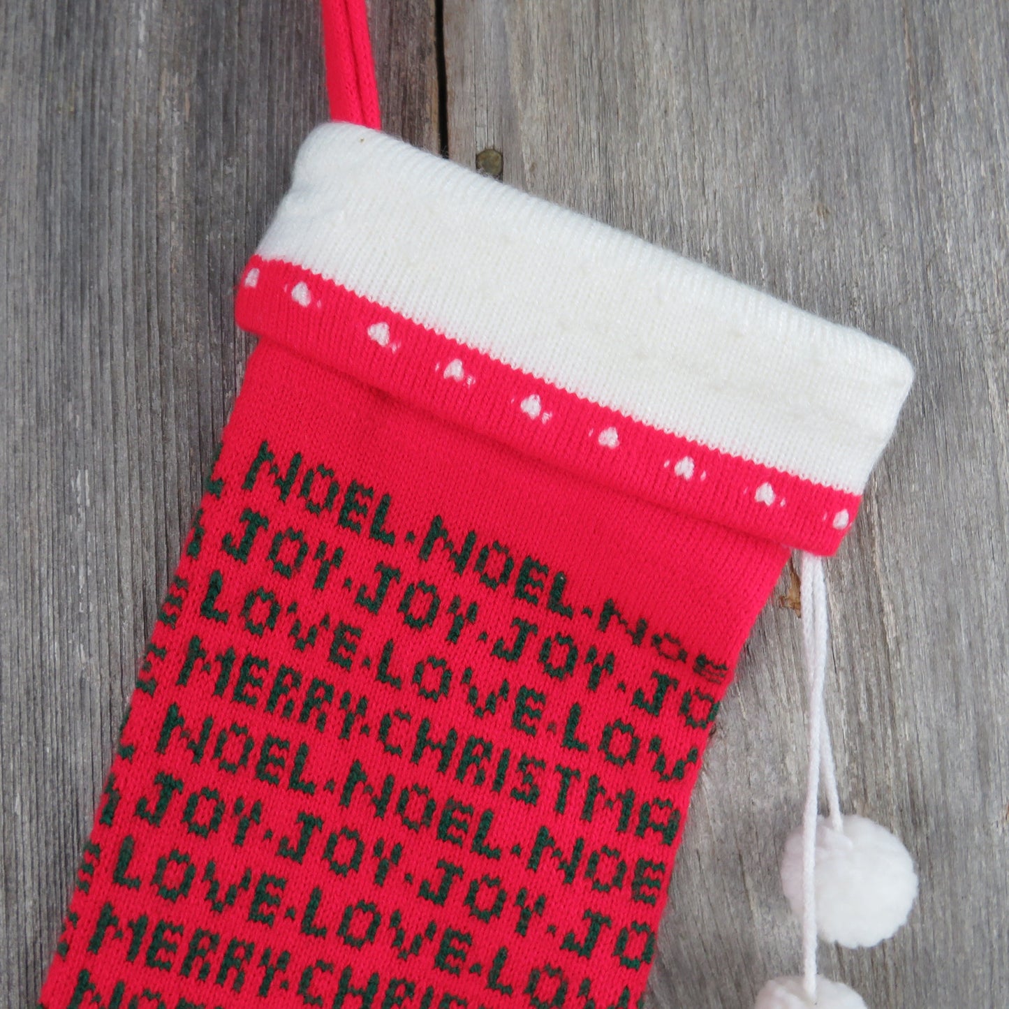 Vintage Knit Stocking Striped Words Merry Christmas Joy Noel Love Kurt Adler 1984 Red Green White Pom Pom