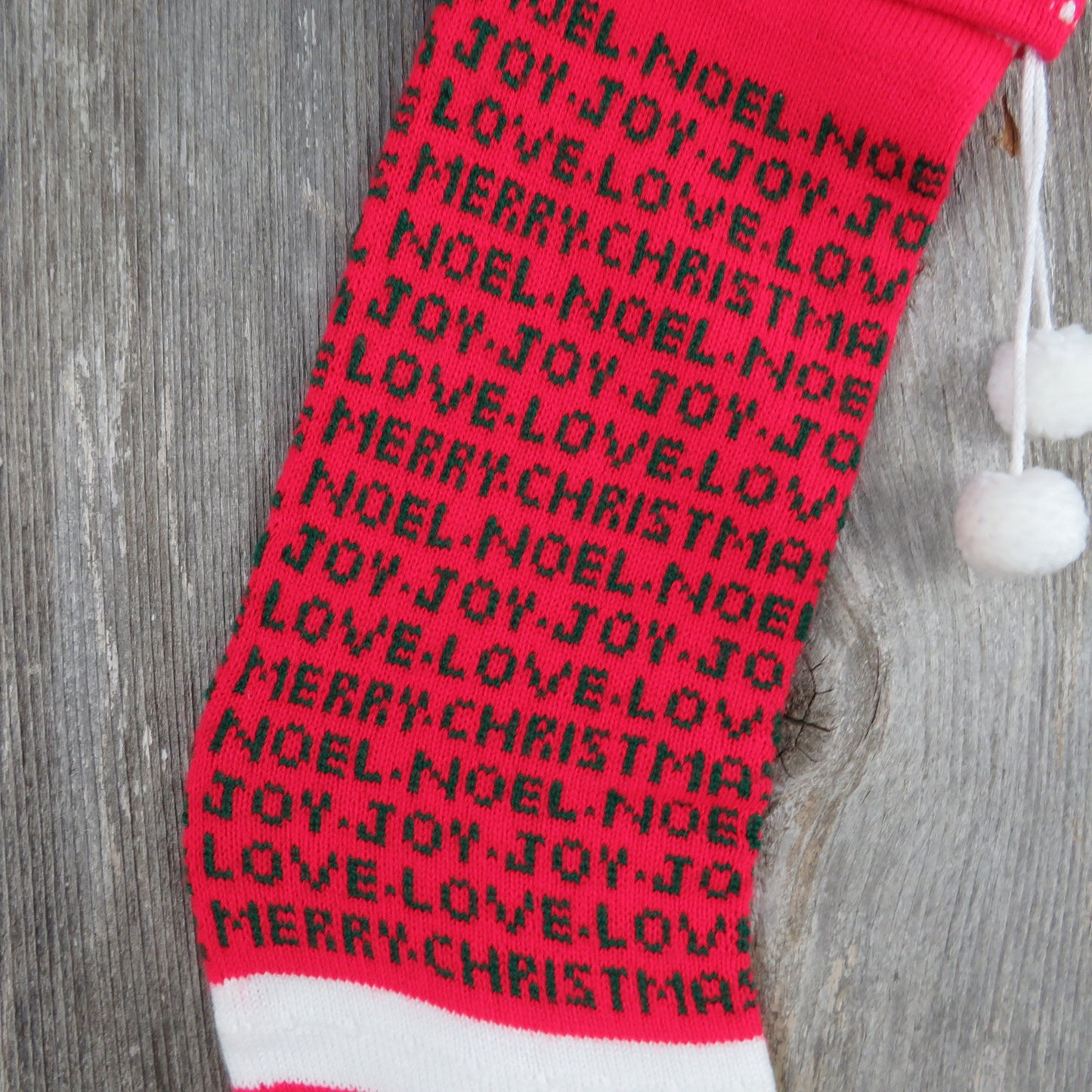 Vintage Knit Stocking Striped Words Merry Christmas Joy Noel Love Kurt Adler 1984 Red Green White Pom Pom