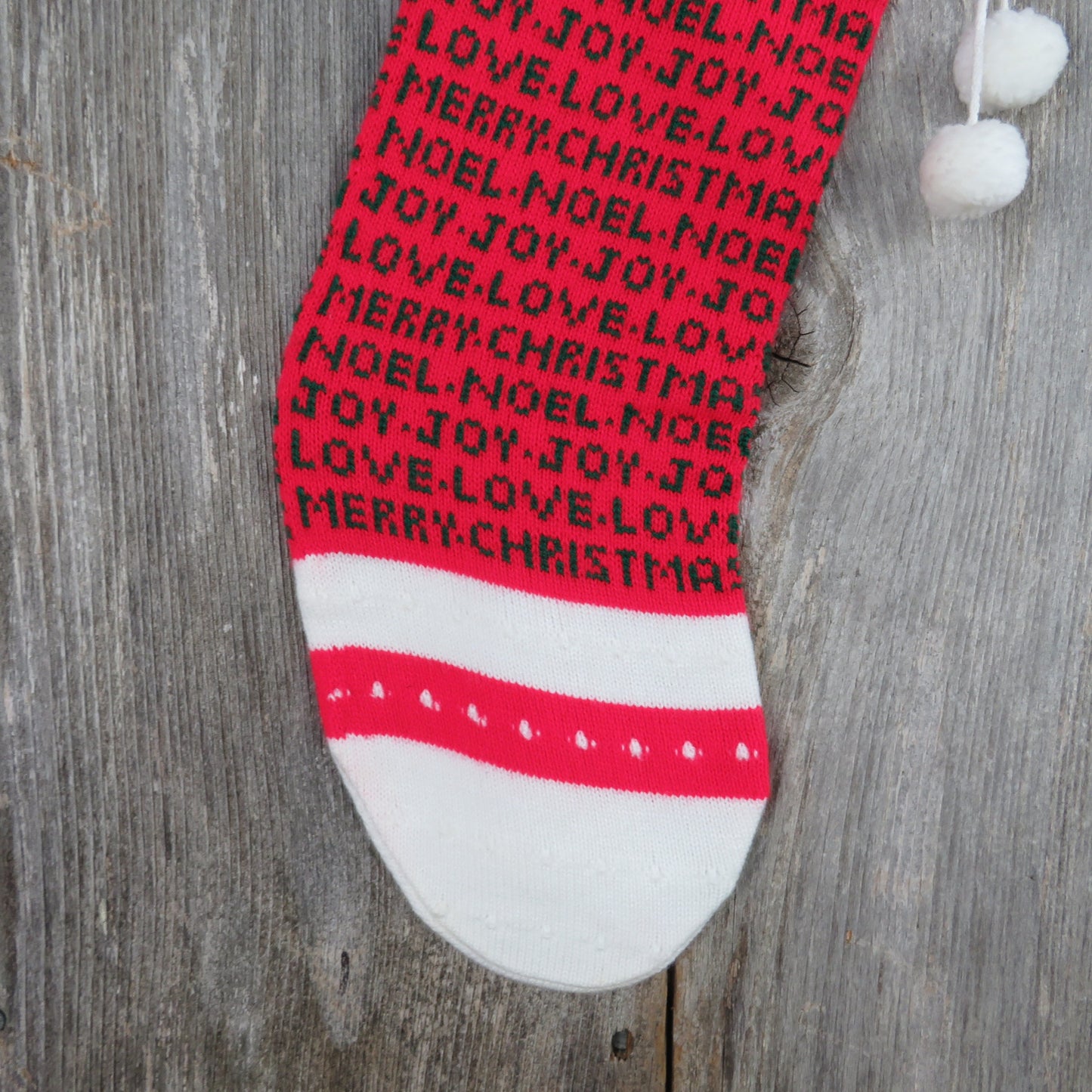 Vintage Knit Stocking Striped Words Merry Christmas Joy Noel Love Kurt Adler 1984 Red Green White Pom Pom