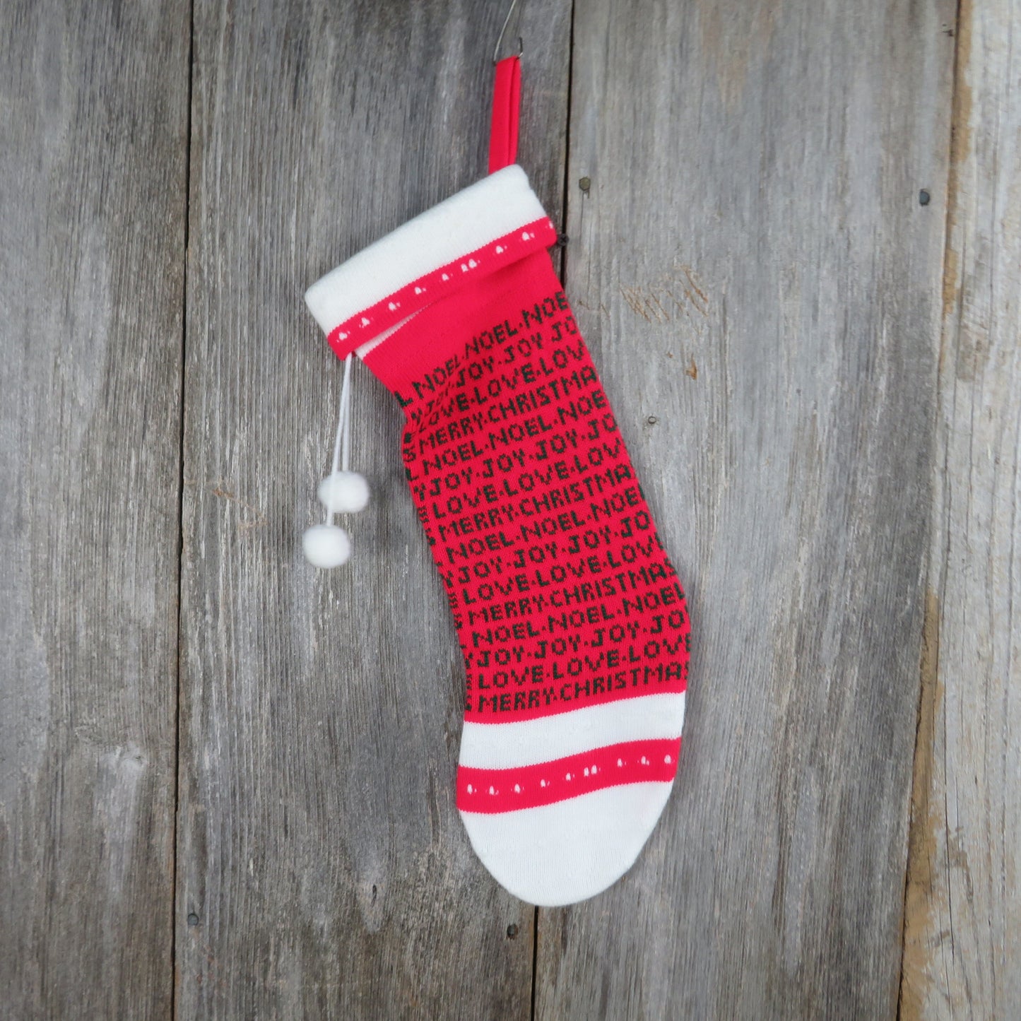 Vintage Knit Stocking Striped Words Merry Christmas Joy Noel Love Kurt Adler 1984 Red Green White Pom Pom