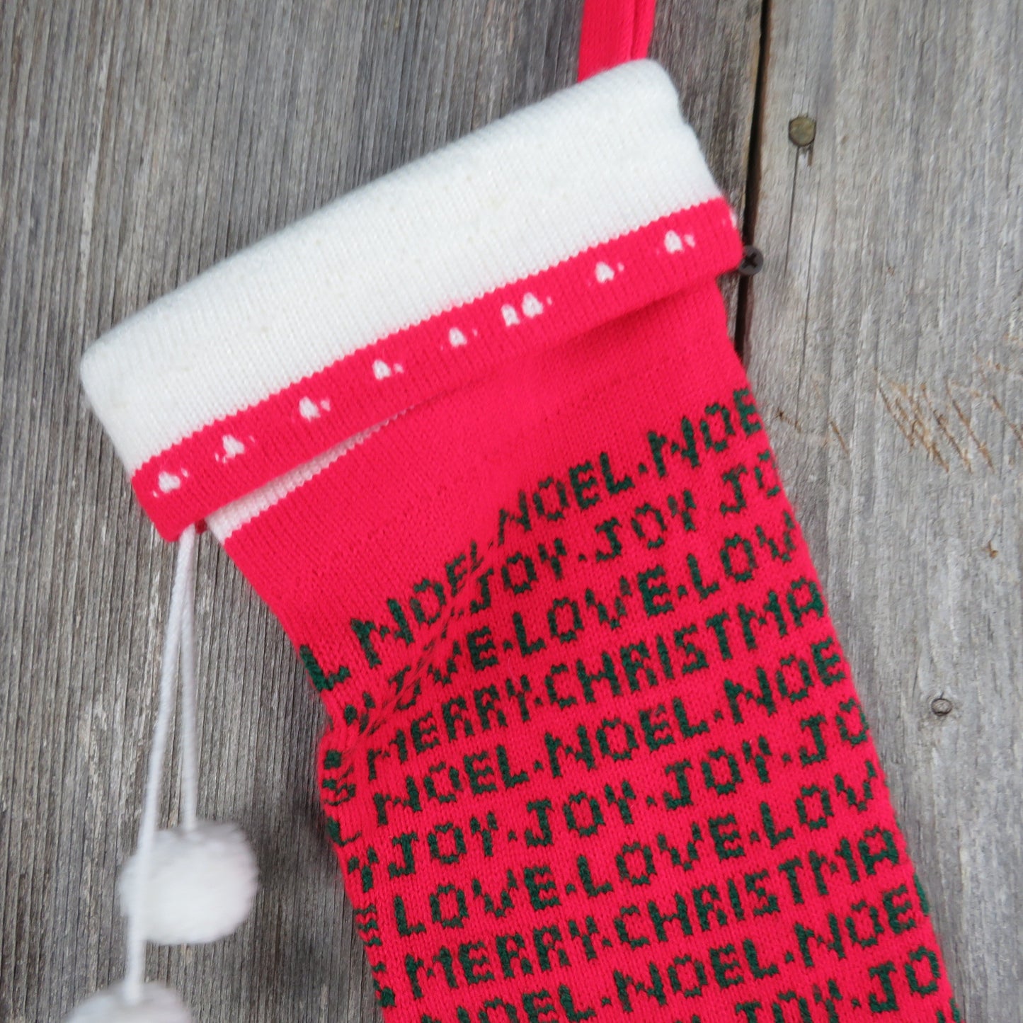 Vintage Knit Stocking Striped Words Merry Christmas Joy Noel Love Kurt Adler 1984 Red Green White Pom Pom