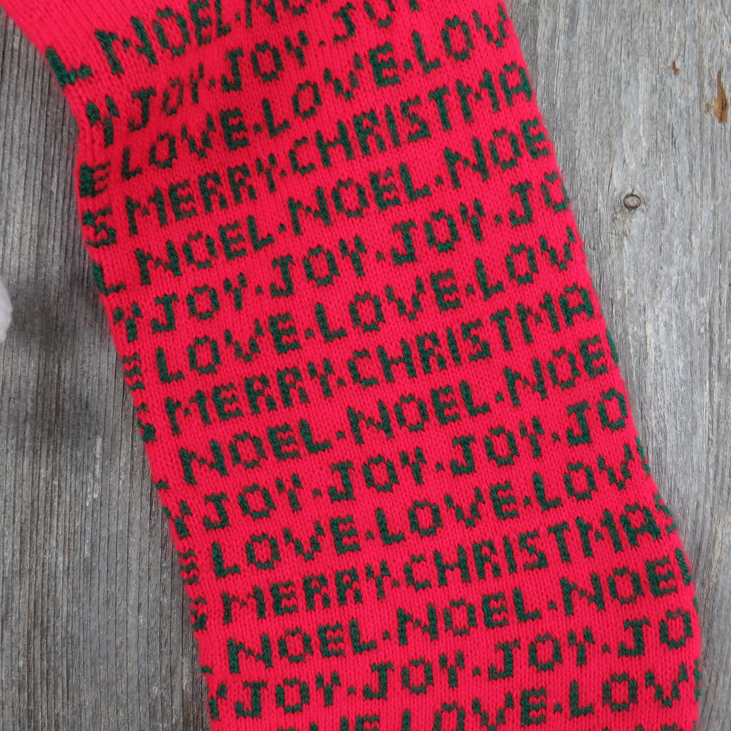 Vintage Knit Stocking Striped Words Merry Christmas Joy Noel Love Kurt Adler 1984 Red Green White Pom Pom