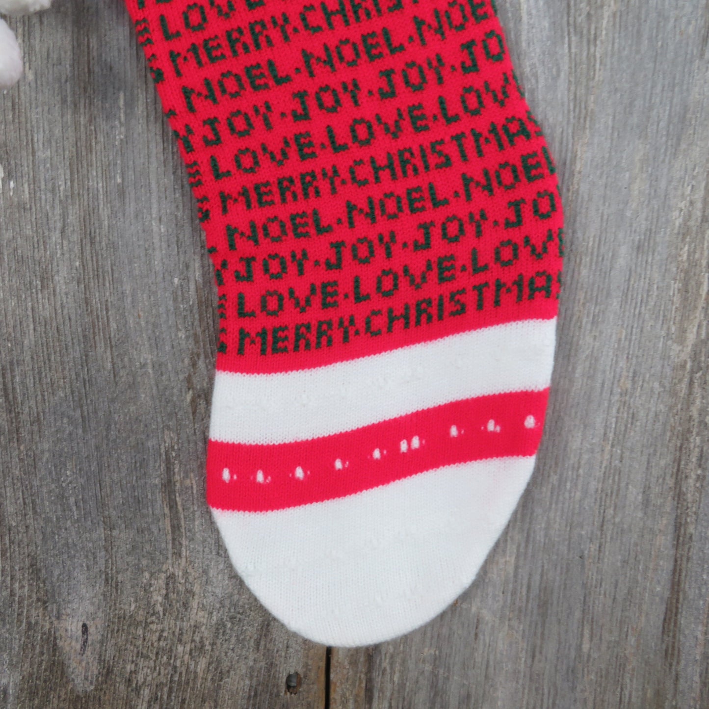 Vintage Knit Stocking Striped Words Merry Christmas Joy Noel Love Kurt Adler 1984 Red Green White Pom Pom