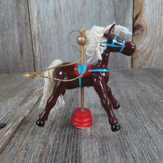 Vintage Wooden Carousel Horse Pony Ornament Wood Christmas Brown Blue Saddle String Mane