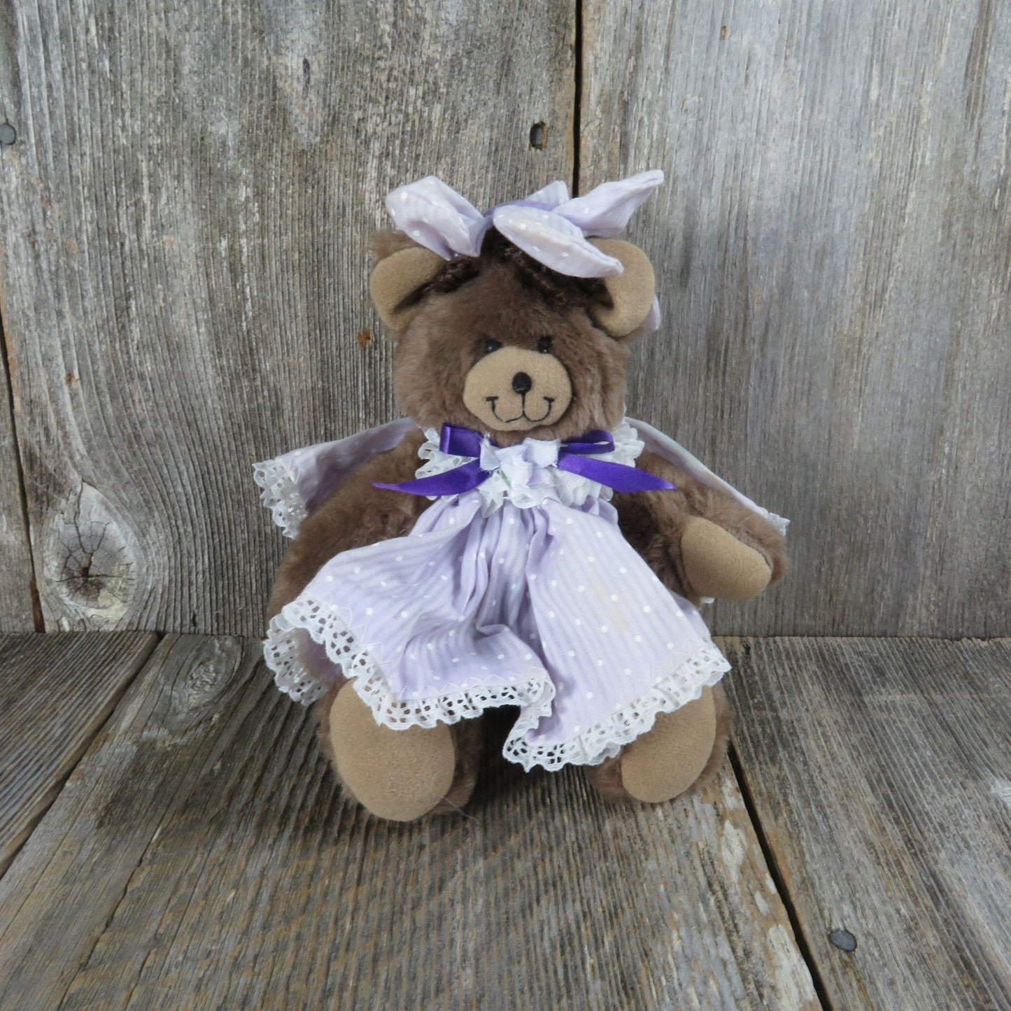 Vintage Teddy Bear Plush Purple Polk a Dot Dress Flower Hat Ribbon Dusty's Dream Jointed Stuffed Animal