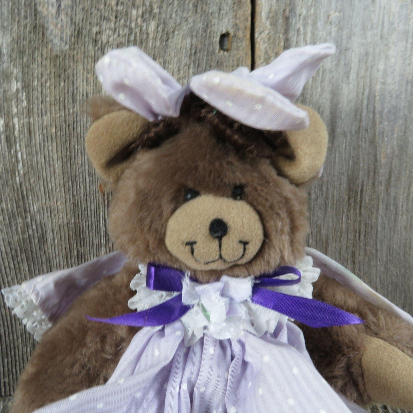 Vintage Teddy Bear Plush Purple Polk a Dot Dress Flower Hat Ribbon Dusty's Dream Jointed Stuffed Animal