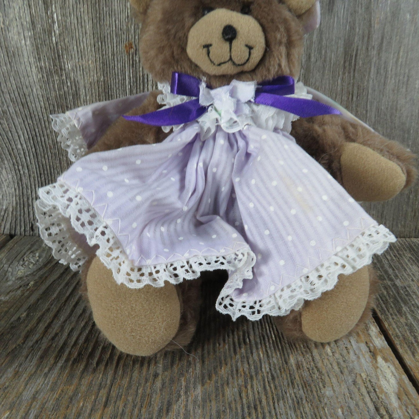 Vintage Teddy Bear Plush Purple Polk a Dot Dress Flower Hat Ribbon Dusty's Dream Jointed Stuffed Animal